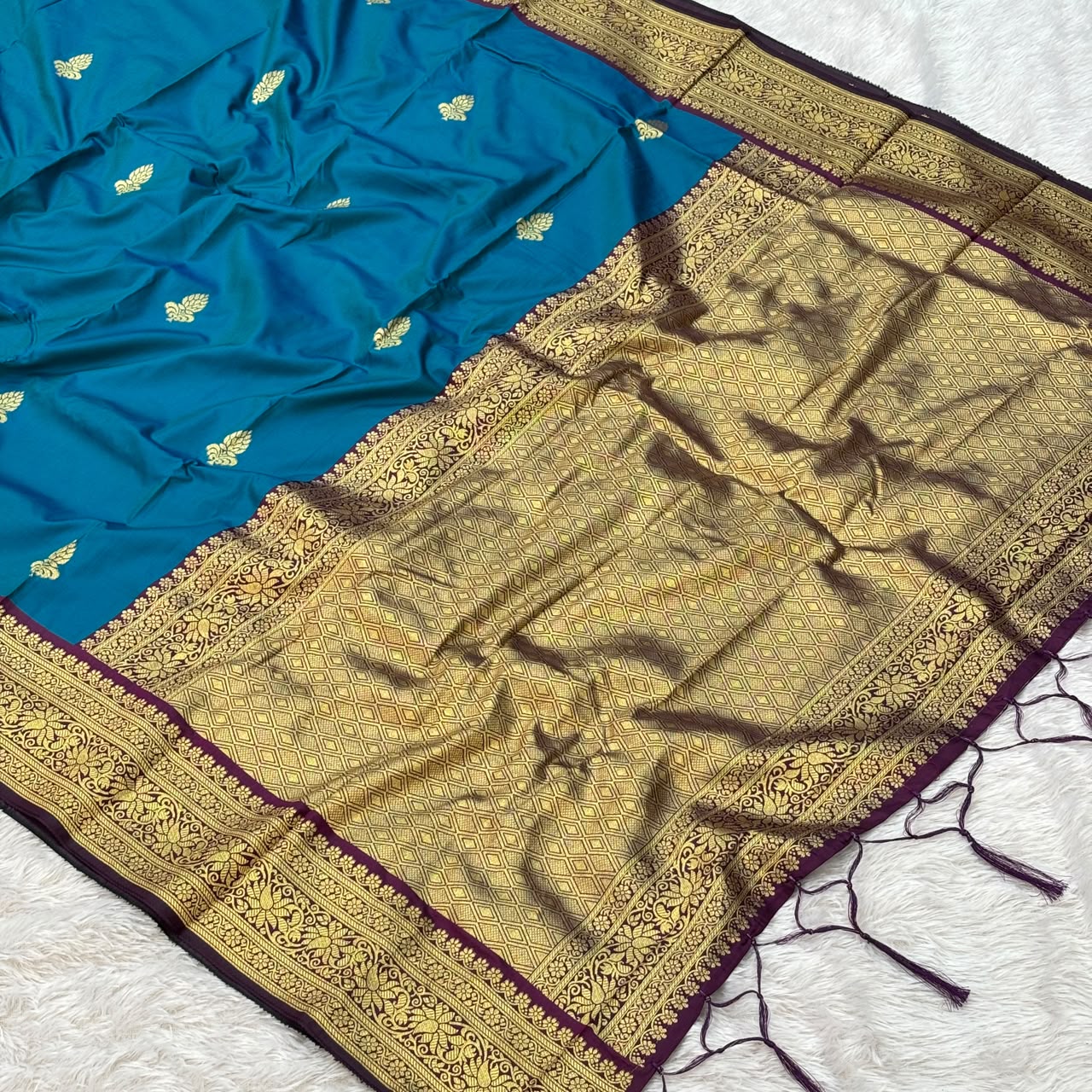 Brown & Golden Zari Work Saree - Blue