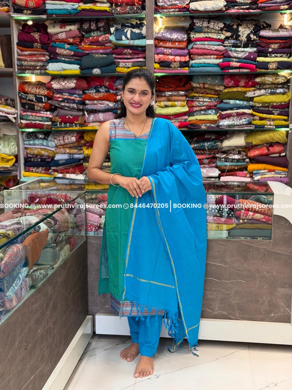 Asma Cotton Ikkat 3 Piece Dress Set  -  Blue