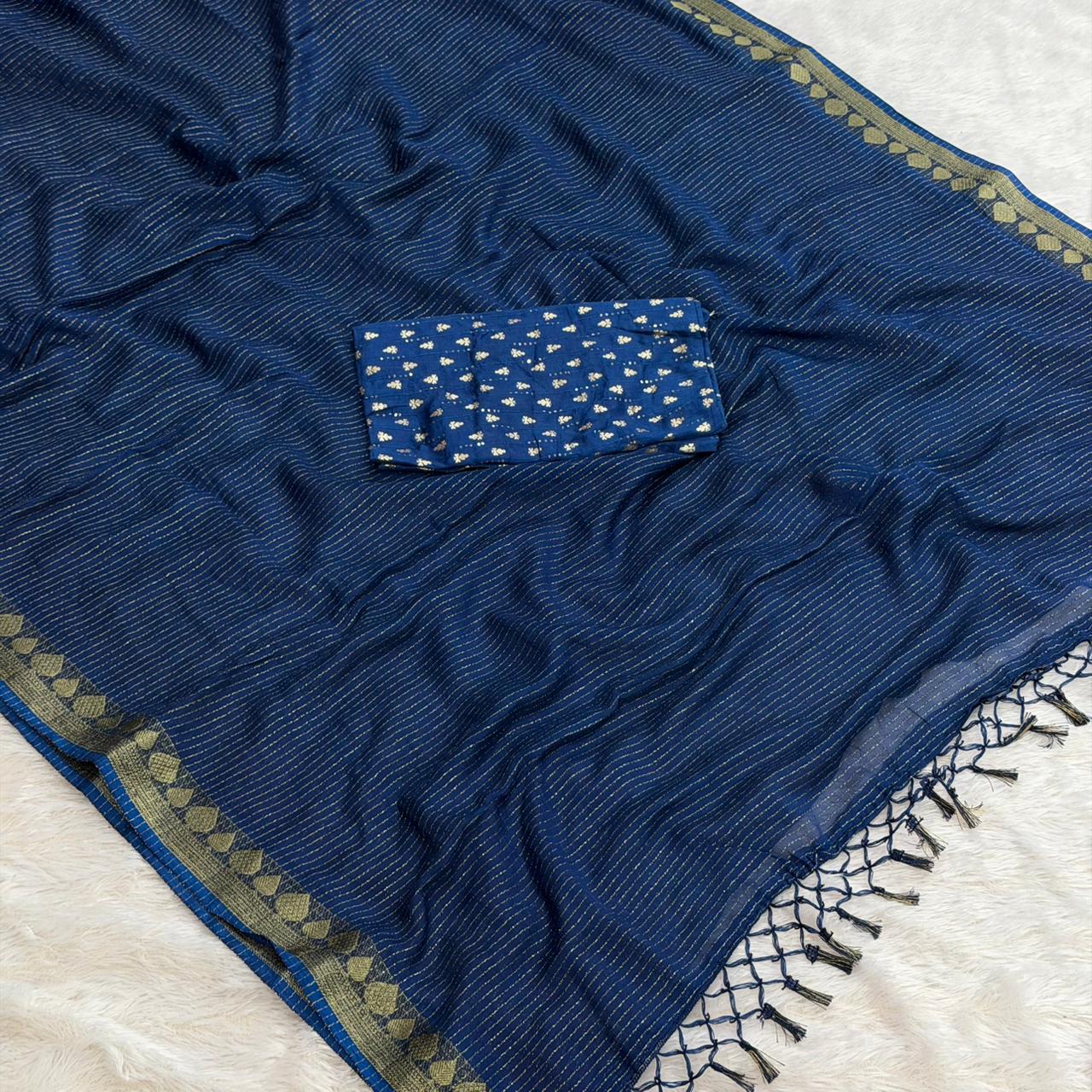 Zari Lining Maheshwari Border Saree - Petrol Blue