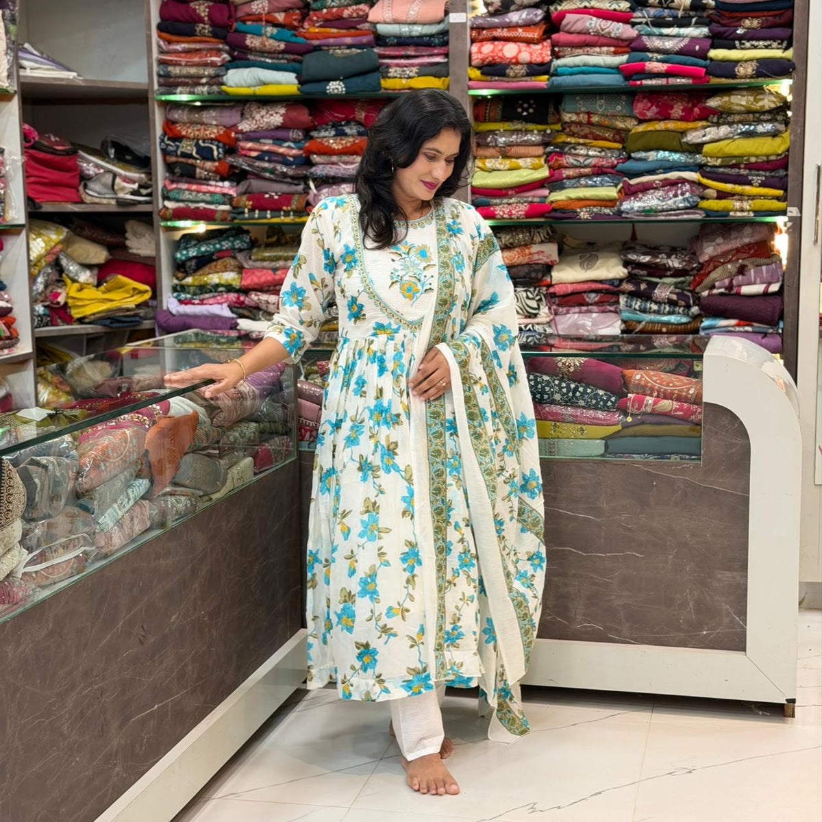Mixed-Fabric Lining Dress Set - Sky Blue