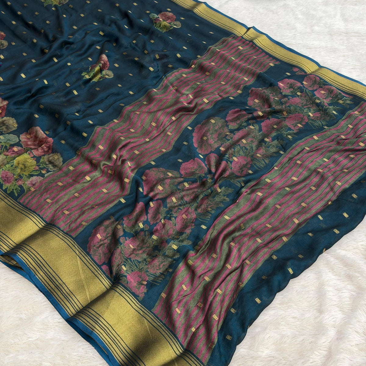 3D Print Saree - Peacock Blue