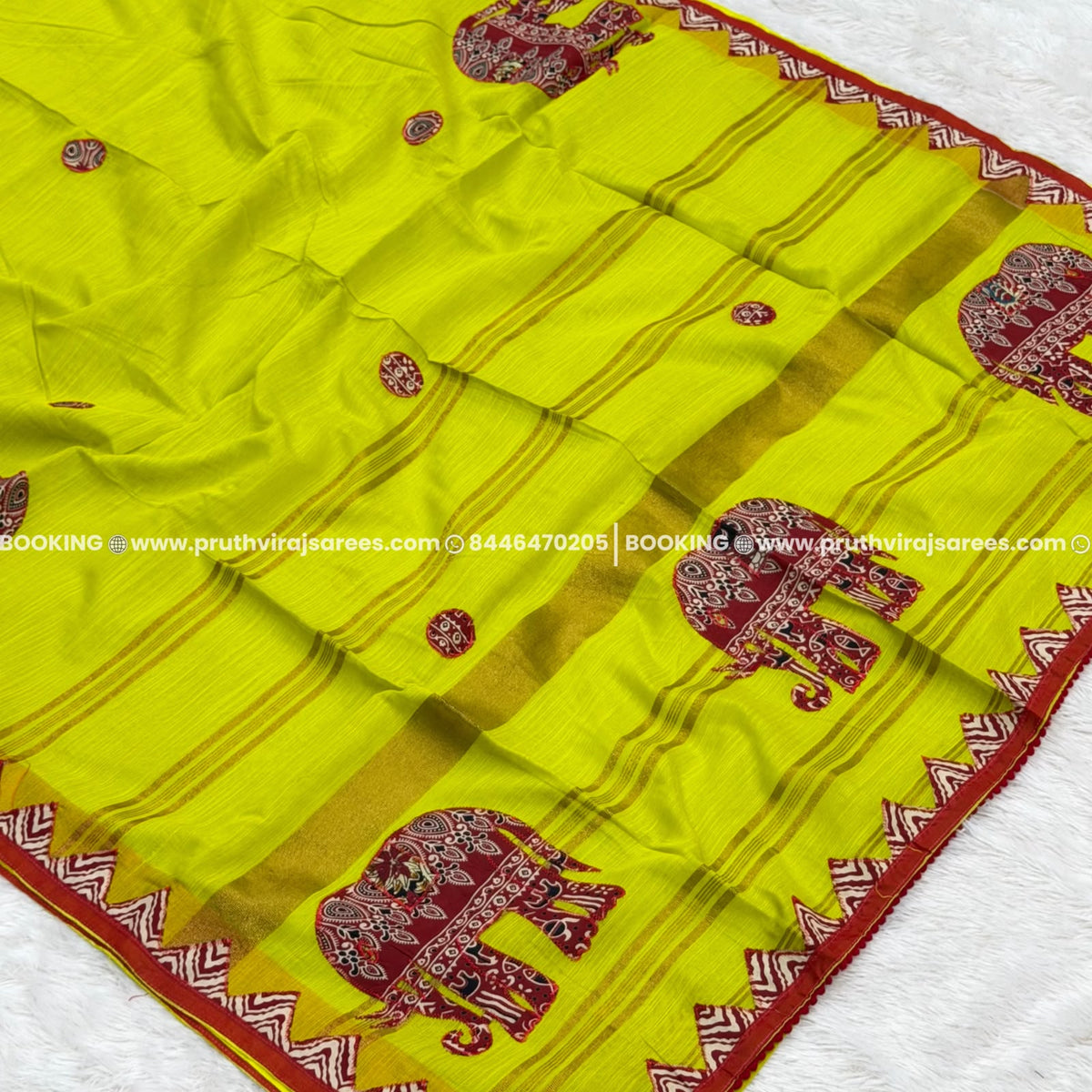 Elephant Design Appliqué Work Saree - Lime