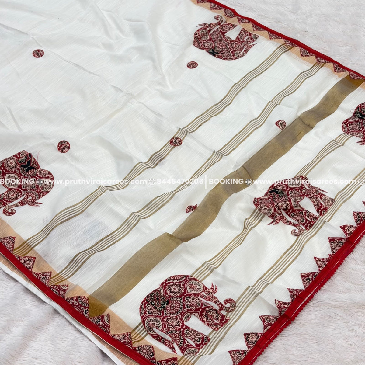 Elephant Design Appliqué Work Saree - White