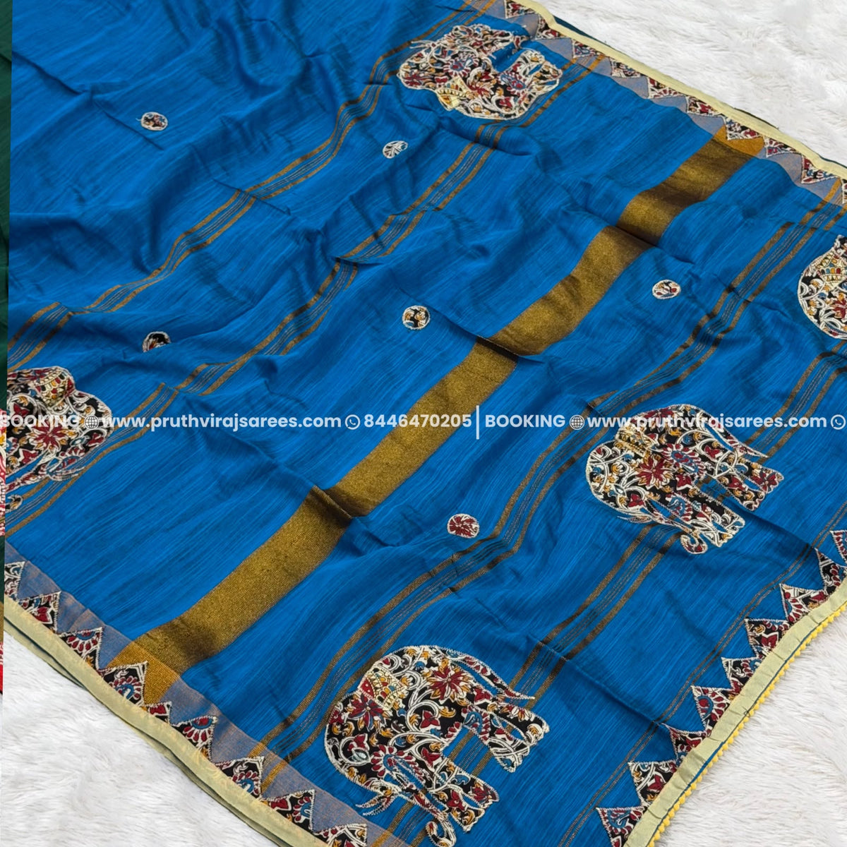 Elephant Design Appliqué Work Saree - Royal Blue