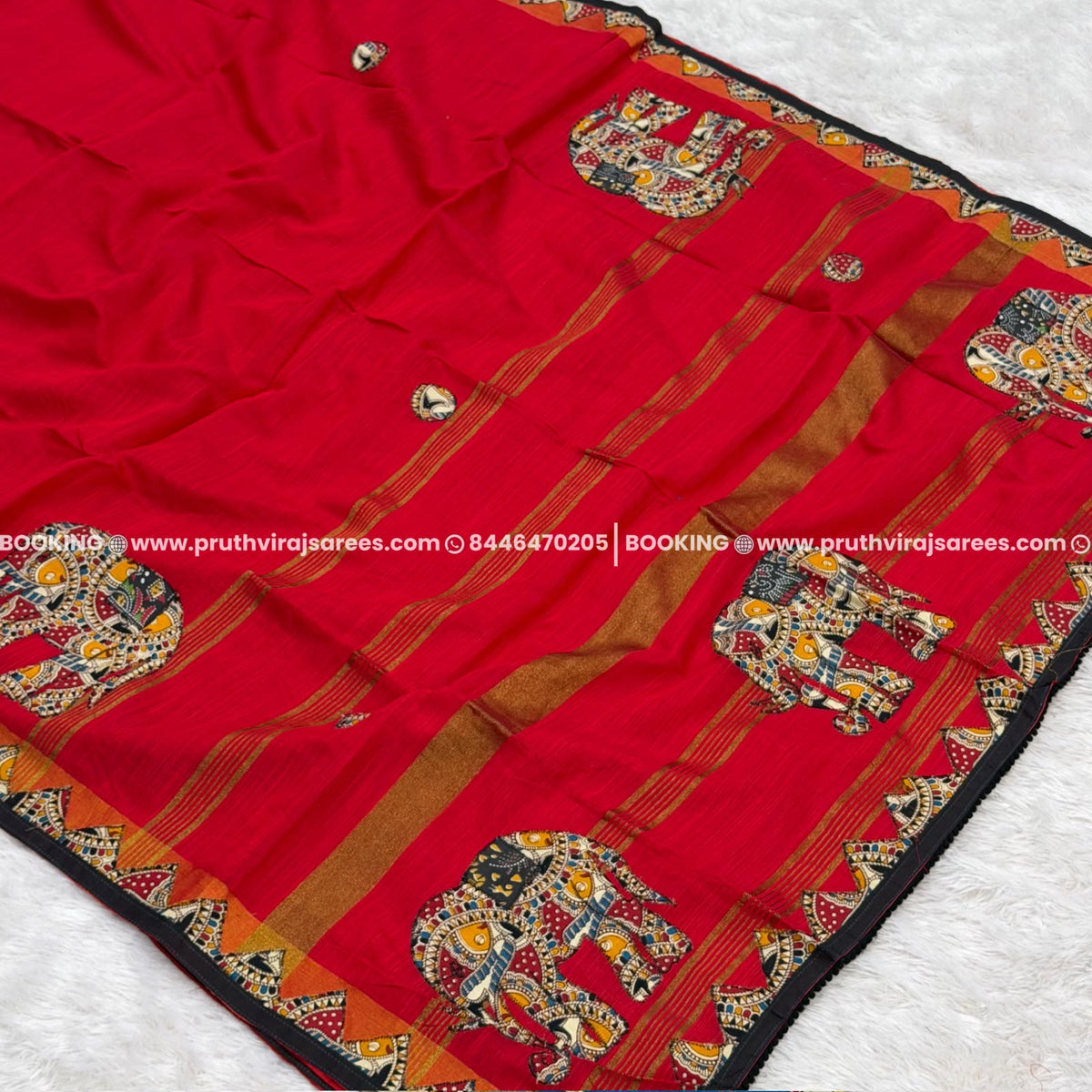 Elephant Design Appliqué Work Saree - Tamato Red