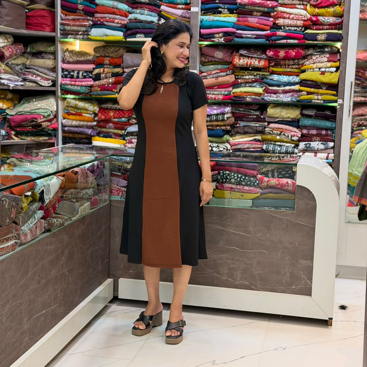 Stretchable Lycra Midi Dress -Brown And Black