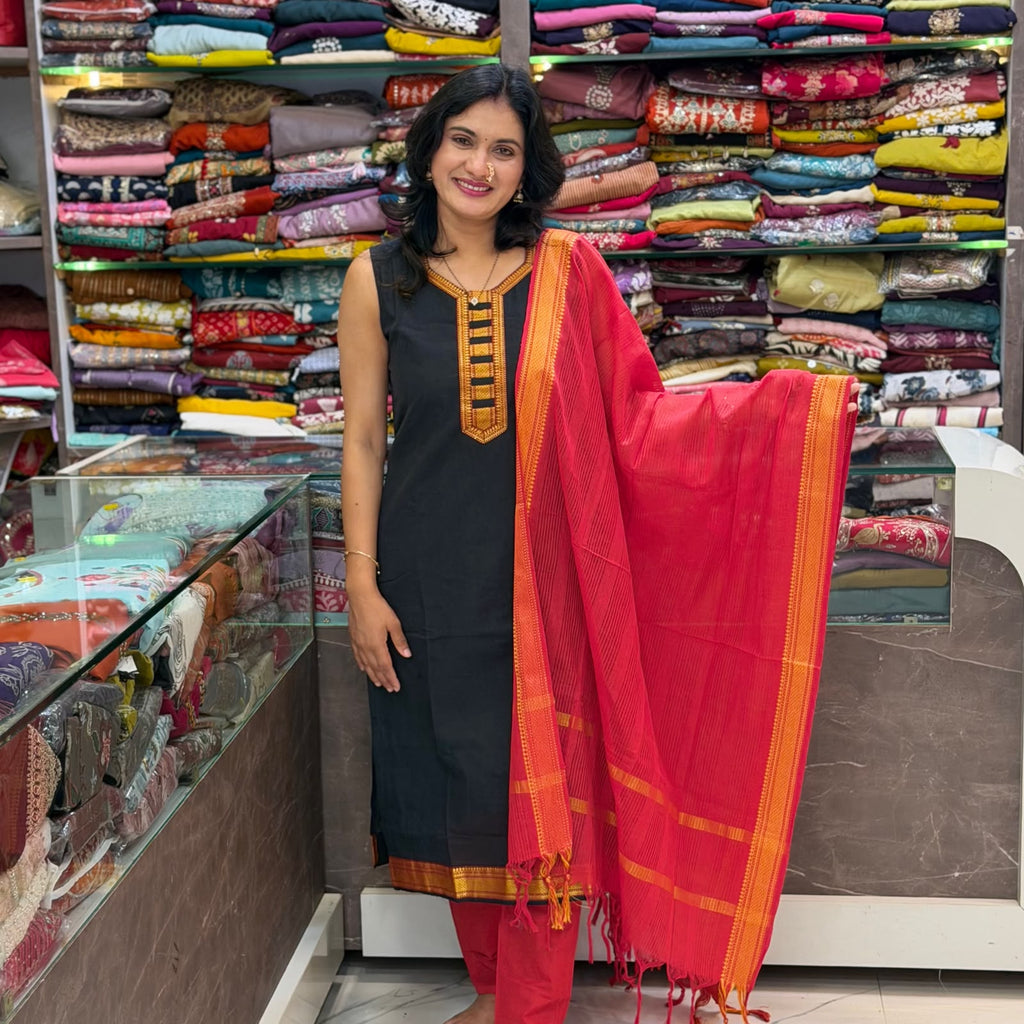 Cotton Kurta Pant Dupatta Set - Black