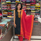 Cotton Kurta Pant Dupatta Set - Black