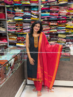 Cotton Kurta Pant Dupatta Set - Black