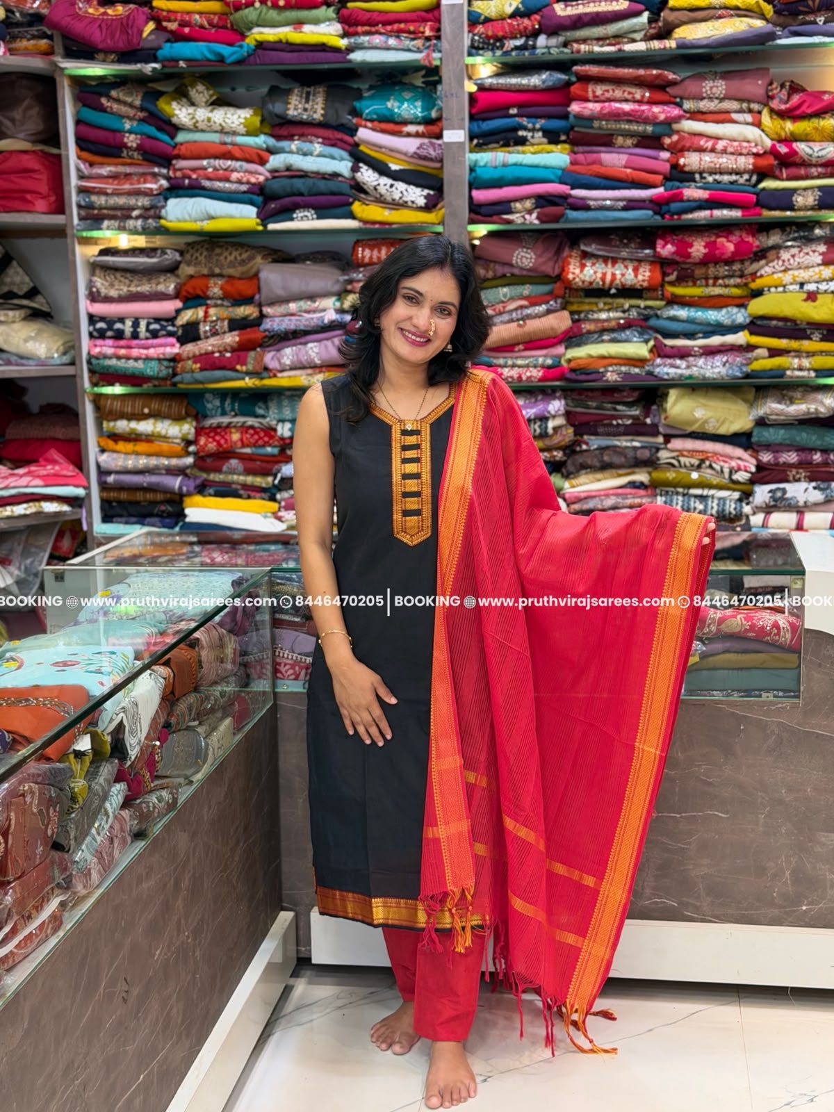 Cotton Kurta Pant Dupatta Set - Black