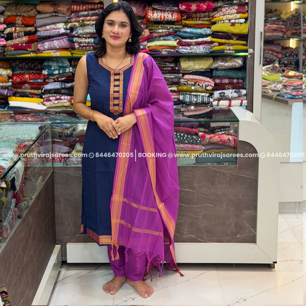 Cotton Masarai South Indian Saree - Navy  Blue