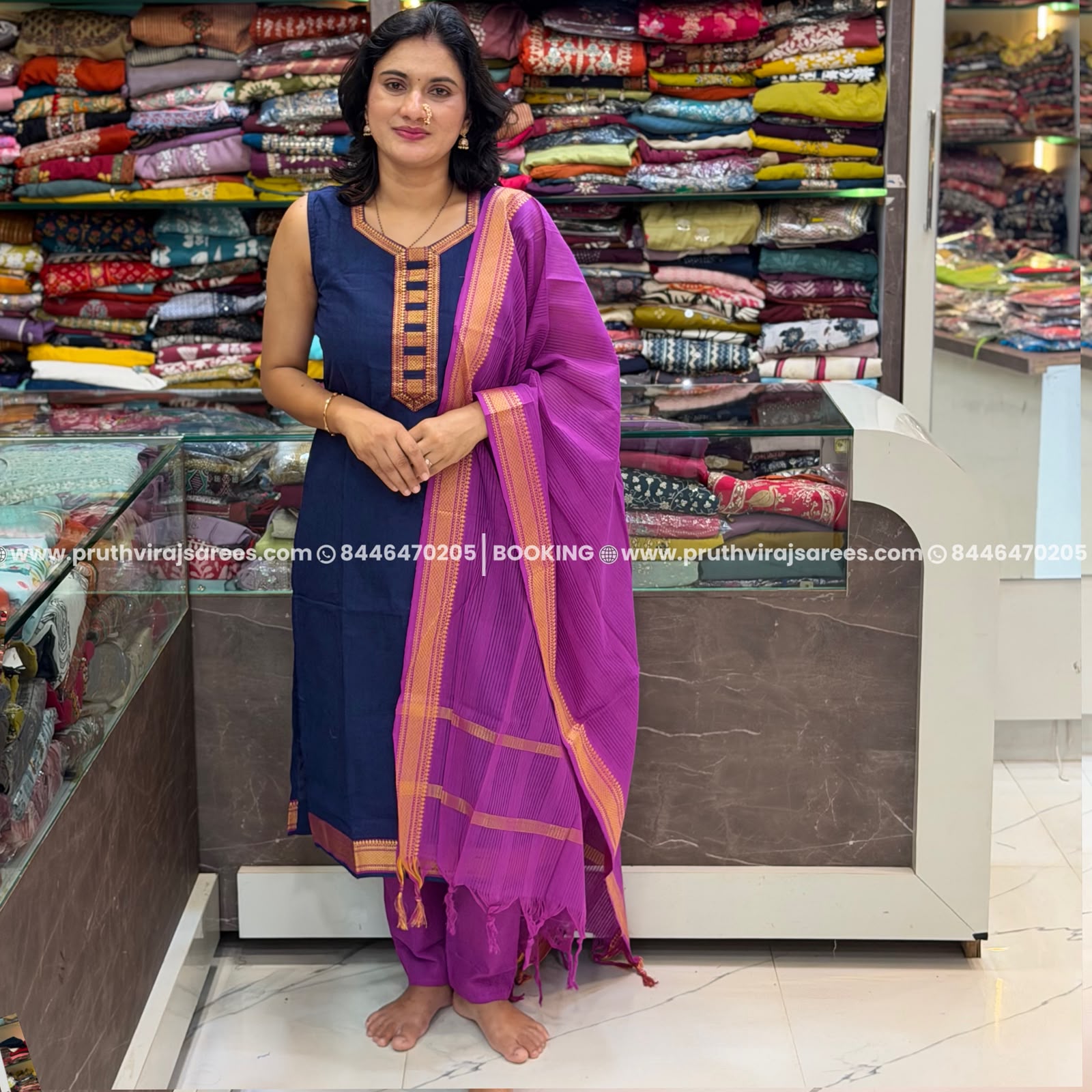 Cotton Masarai South Indian Saree - Navy  Blue