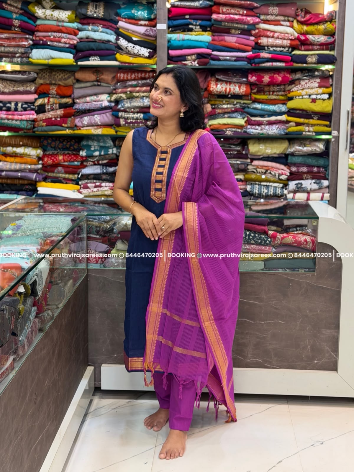 Cotton Masarai South Indian Saree - Navy  Blue