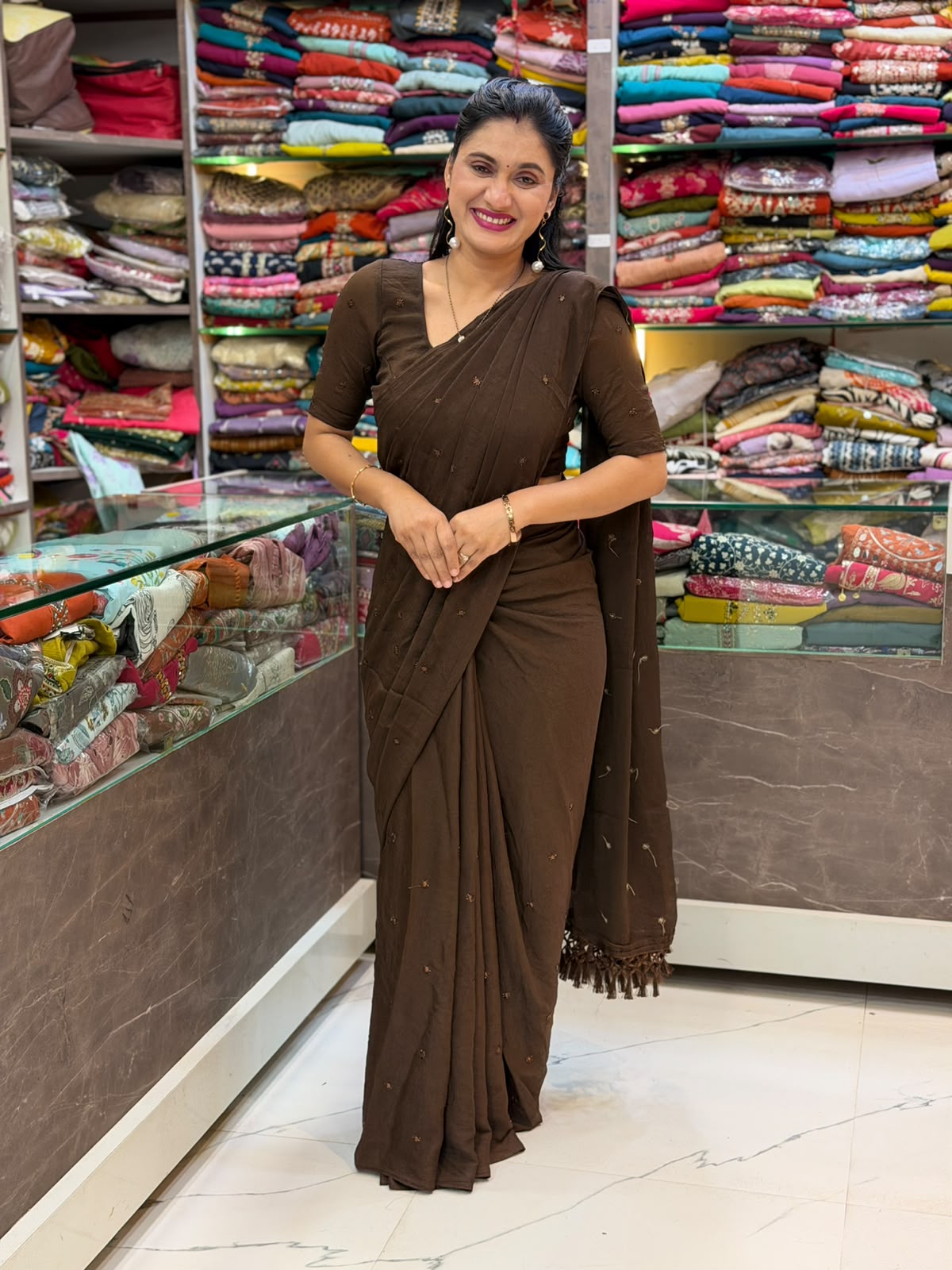 Chocolate Brown Crunchy Fabric Designer Saree