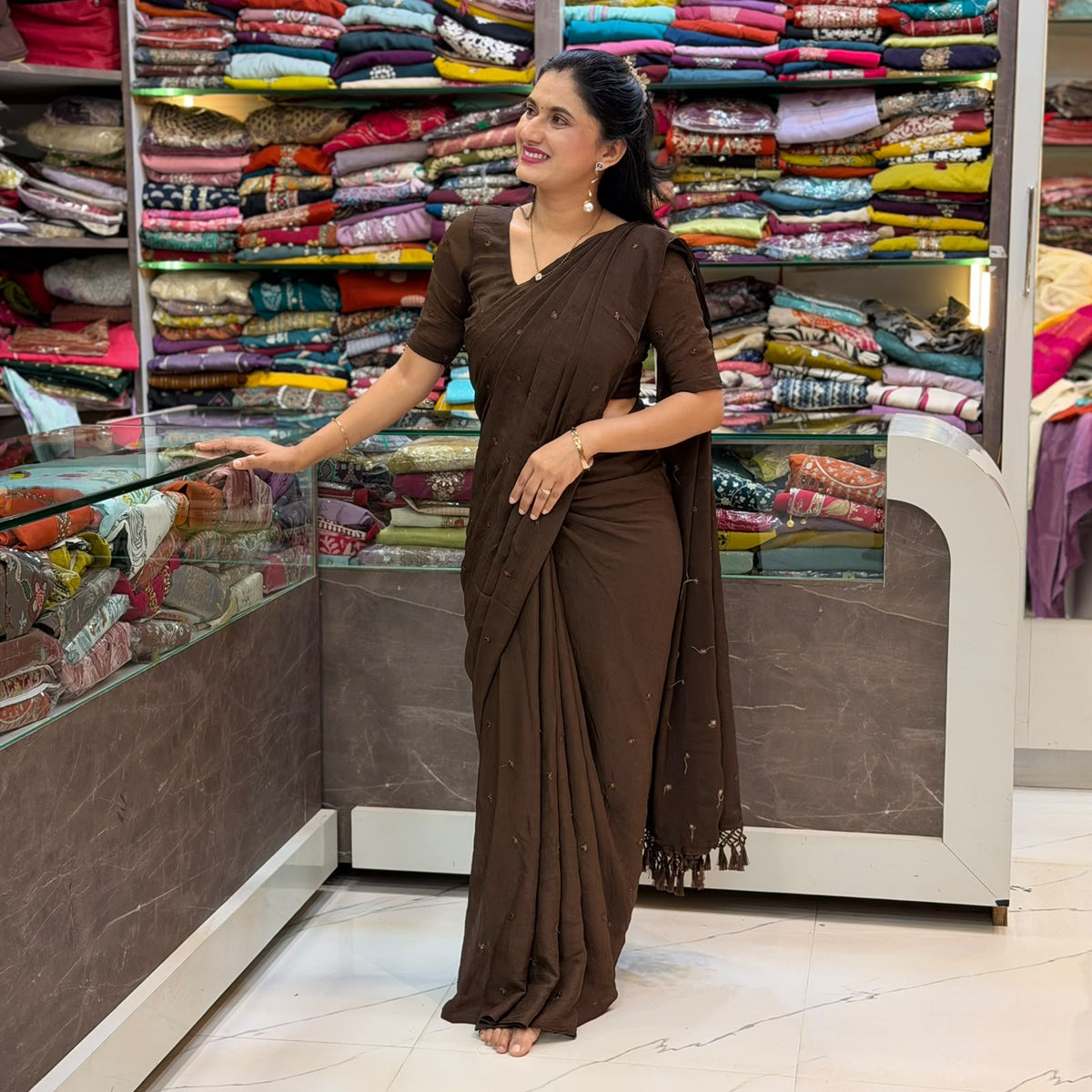 Chocolate Brown Crunchy Fabric Designer Saree