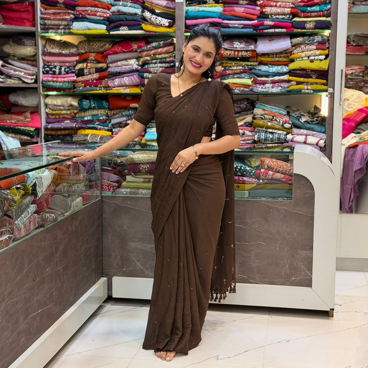 Chocolate Brown Crunchy Fabric Designer Saree