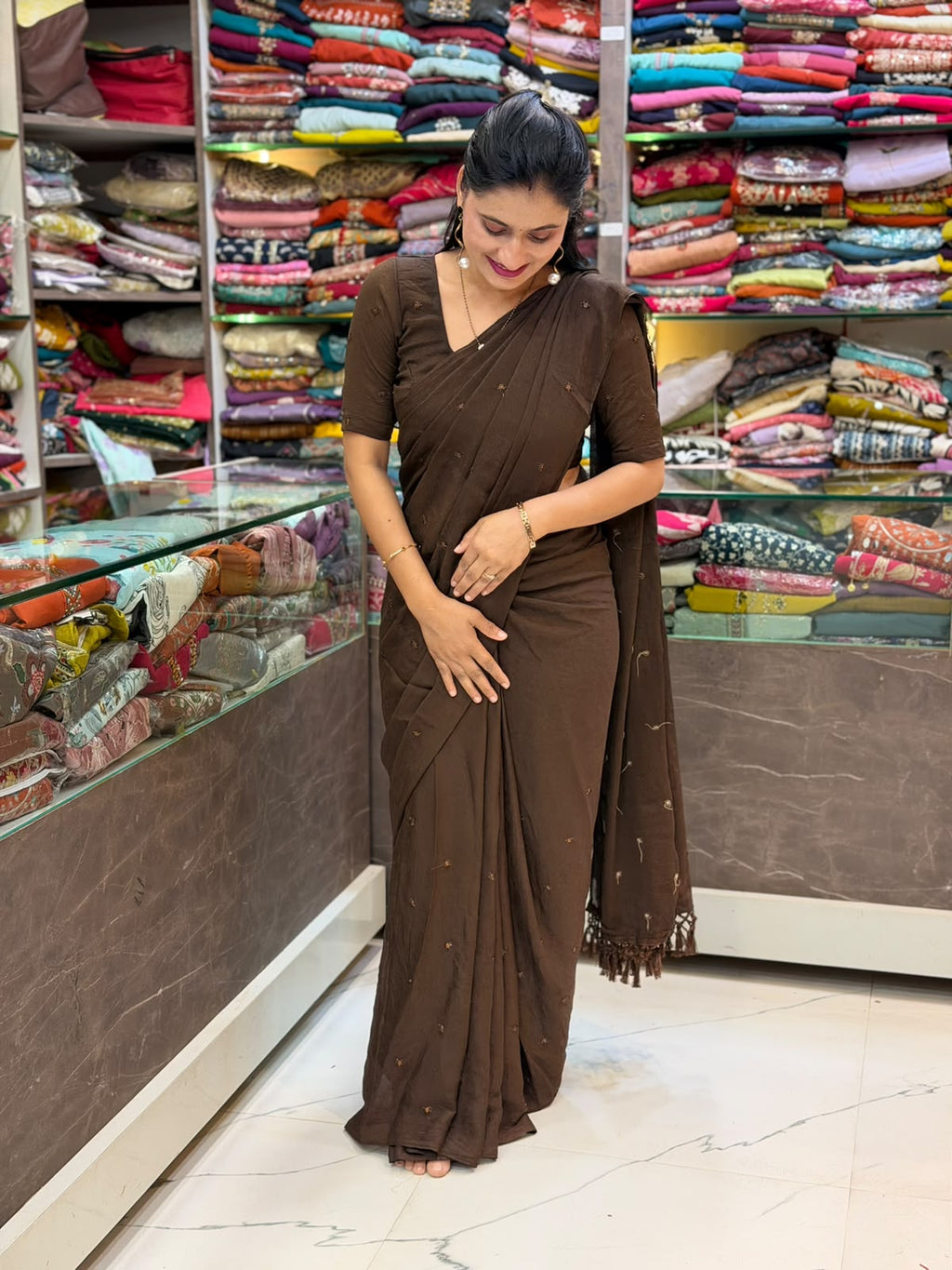 Chocolate Brown Crunchy Fabric Designer Saree