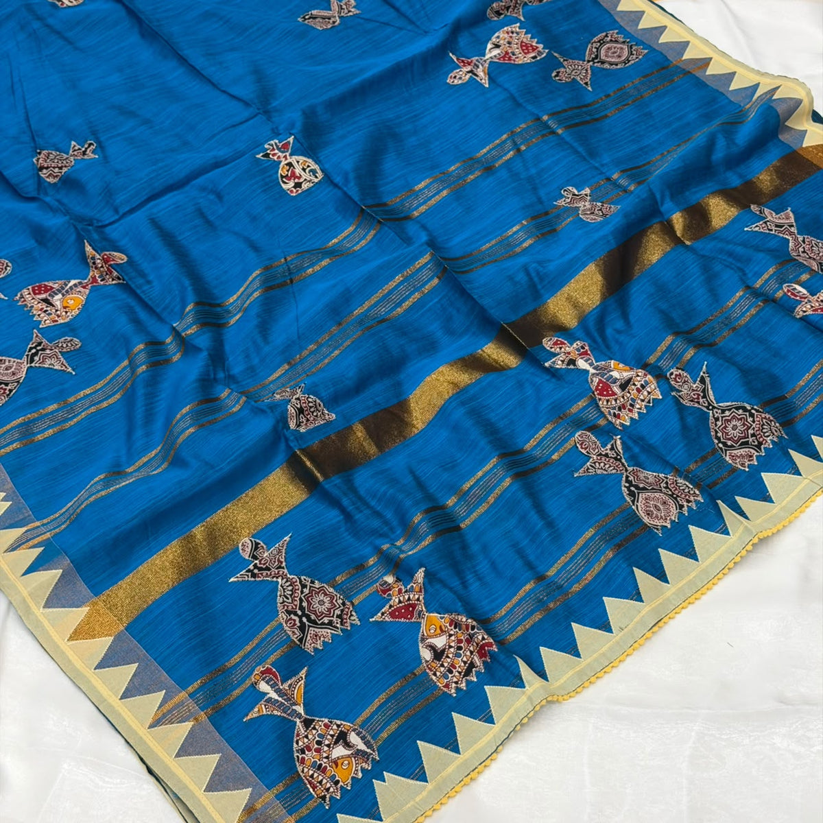 Kolkata Cotton Applique Work Saree -  Blue With Cream Shade