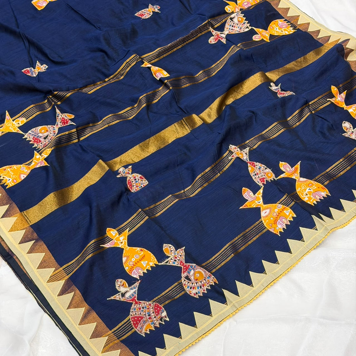 Kolkata Cotton Applique Work Saree - Navy Blue with Cream Boarder