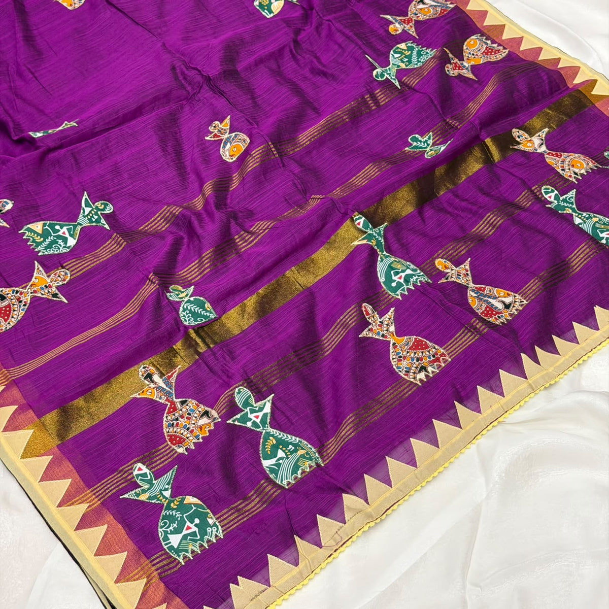 Kolkata Cotton Applique Work Saree  - Purple