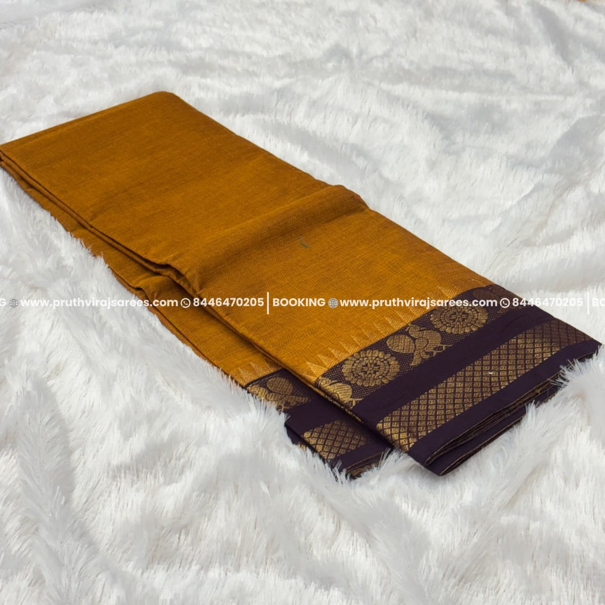 Best Kanchi Cotton Saree –  Gold With Brown Boarder