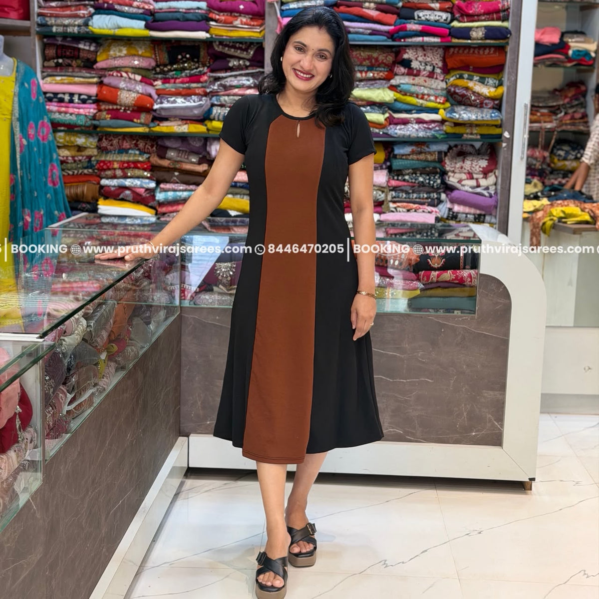 Stretchable Lycra Midi Dress -Brown And Black
