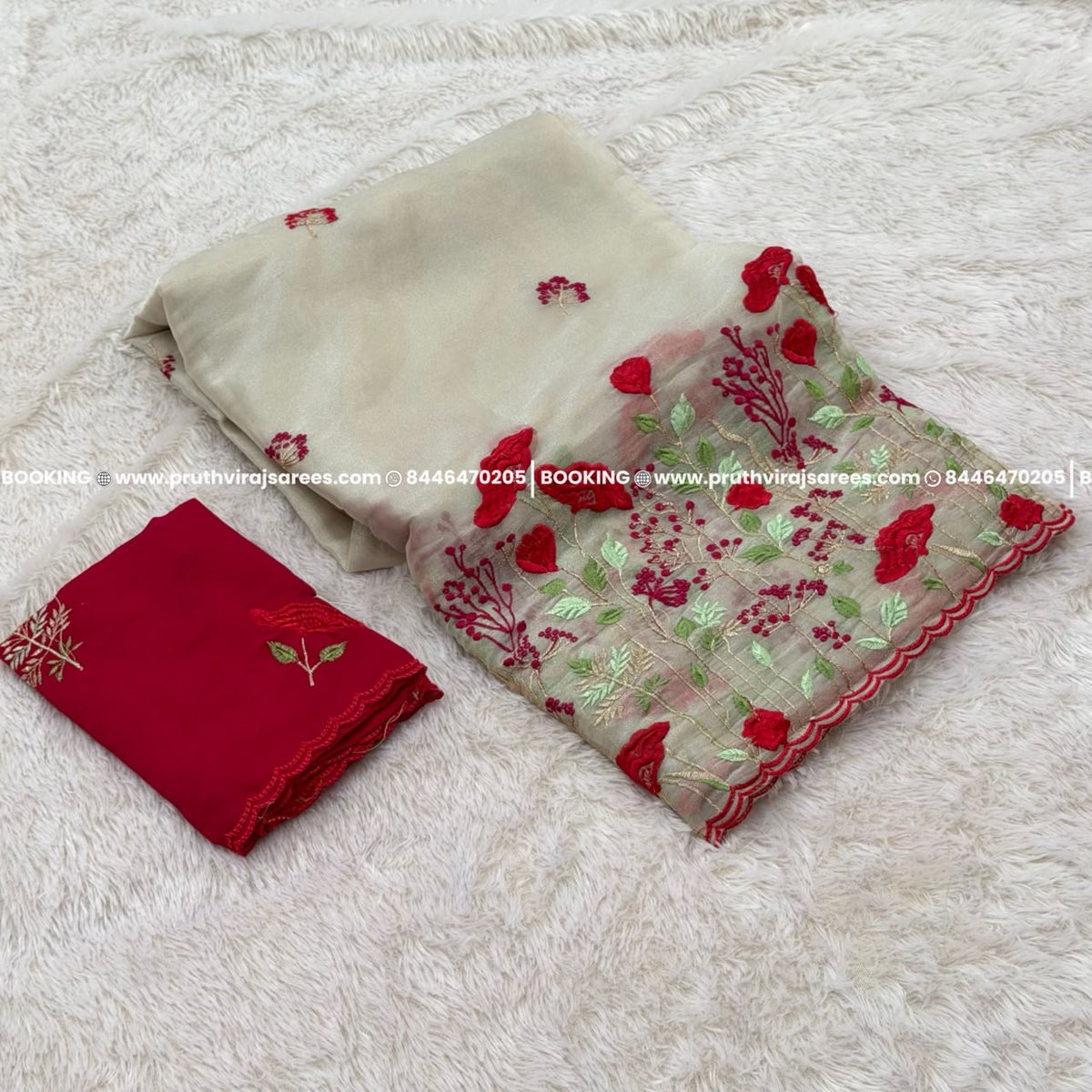 Red Flower Saree - Off White