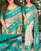 Patila Designer Saree - Off White With Rama