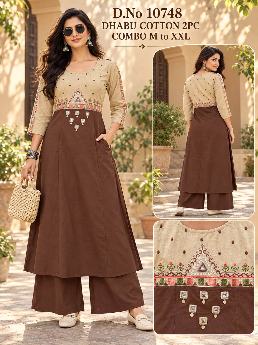 DABU COTTON DESIGNER KURTI PLAZO SET - Brown