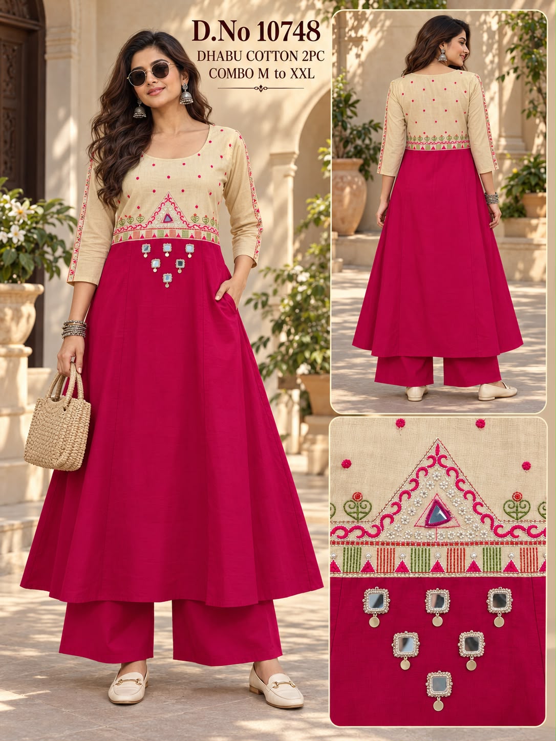 DABU COTTON DESIGNER KURTI PLAZO SET - Pink