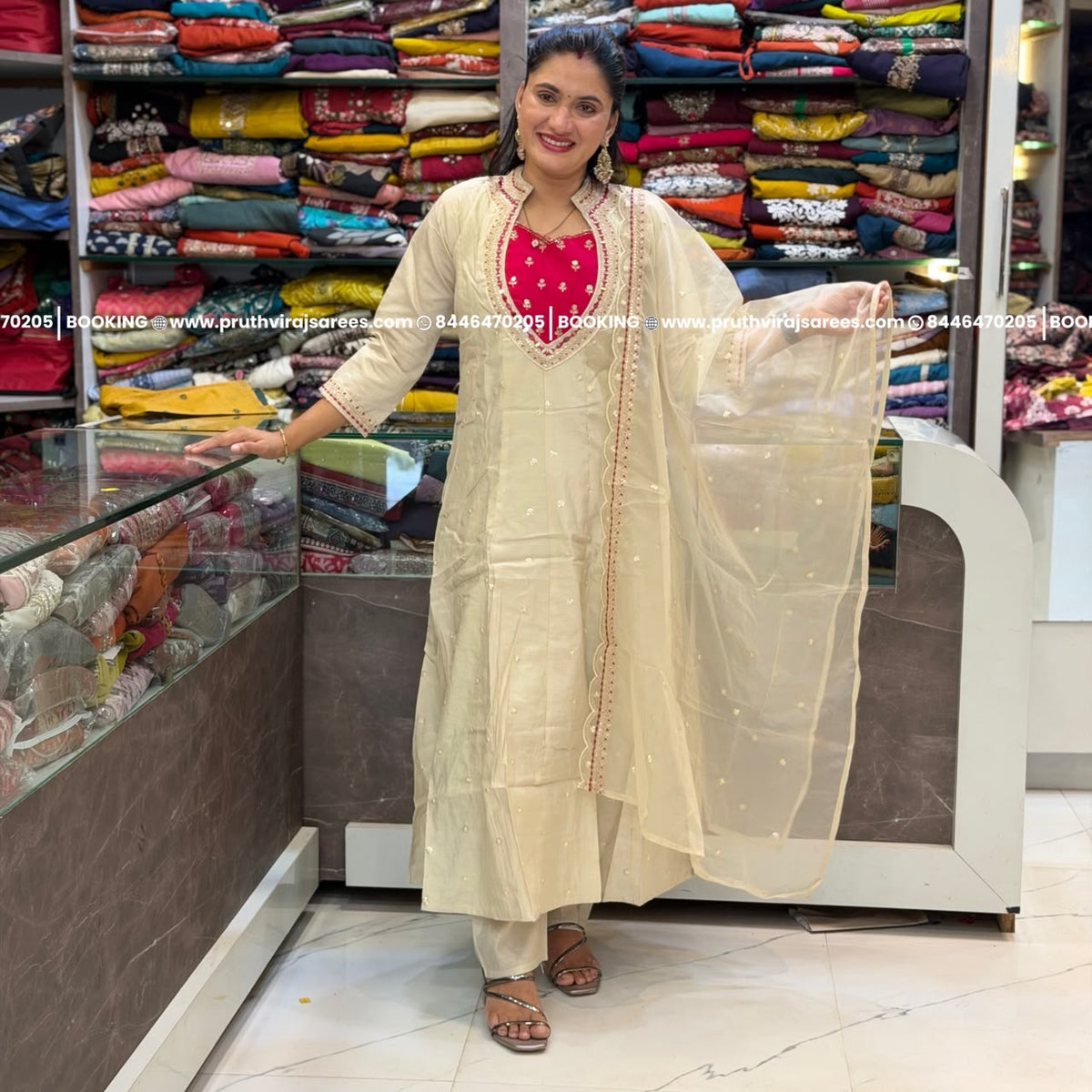 Diwali Special Designer Long Umbrella Kurti Set - White