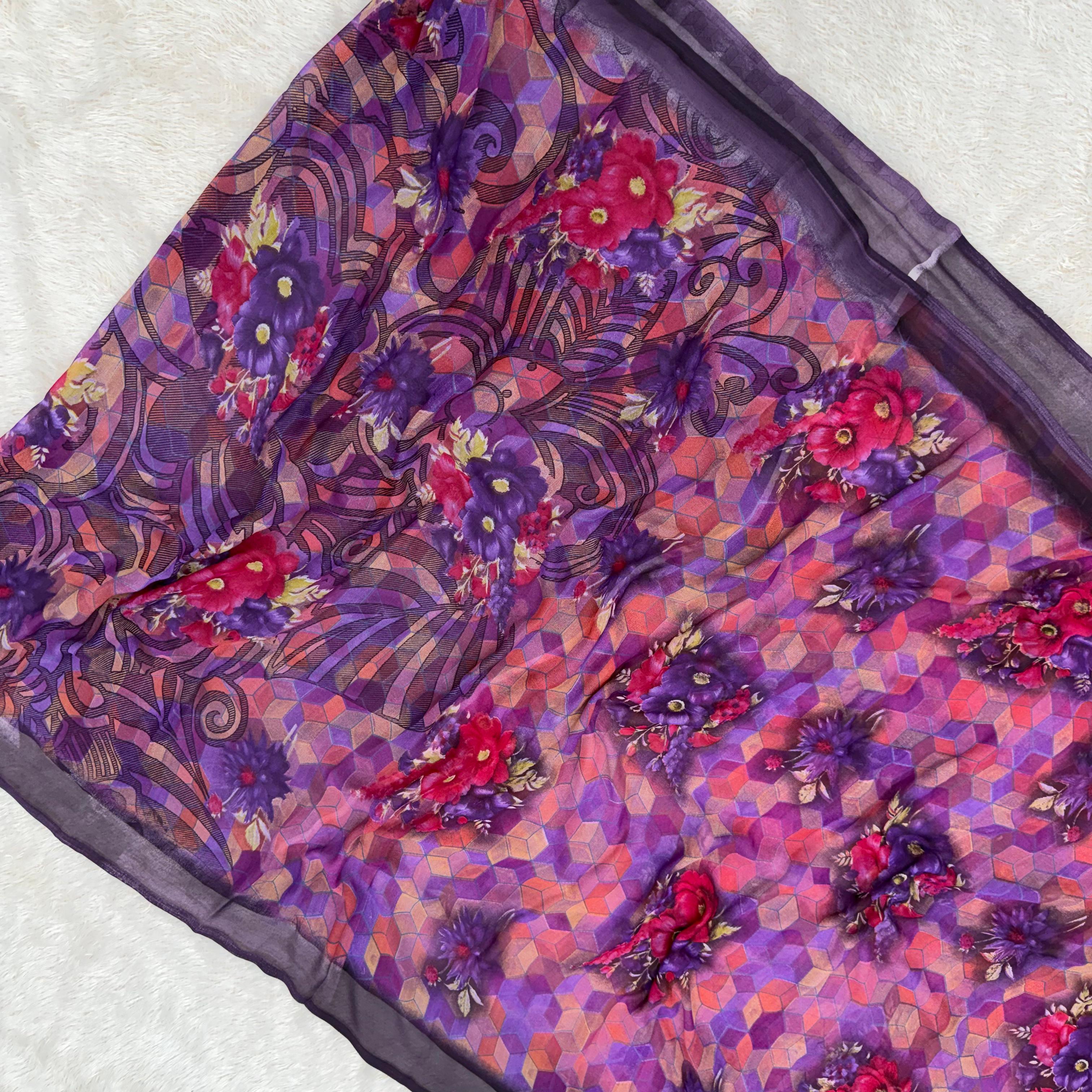 Tropical Garden Flow Chiffon Saree - Purple