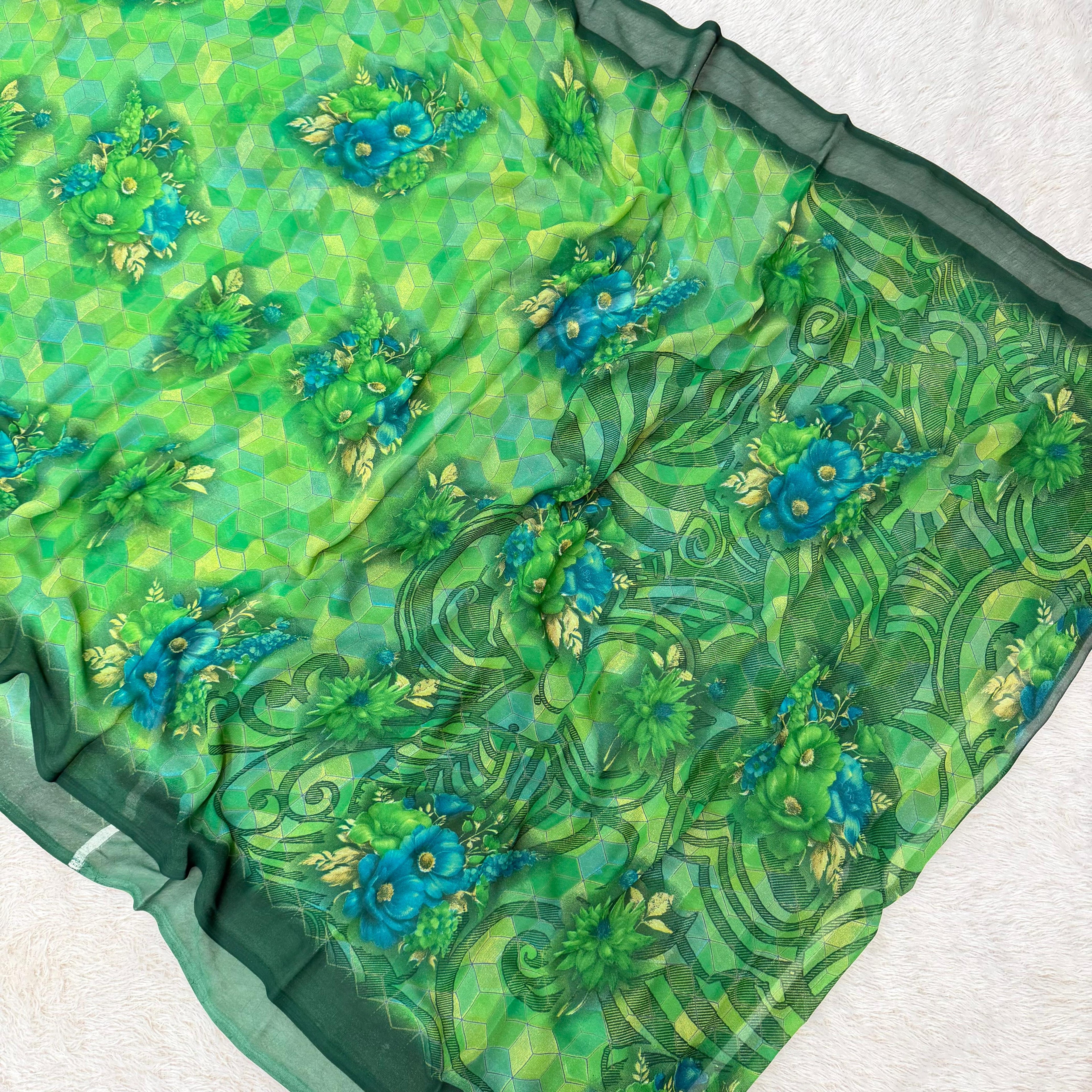 Tropical Garden Flow Chiffon Saree - Rama Green