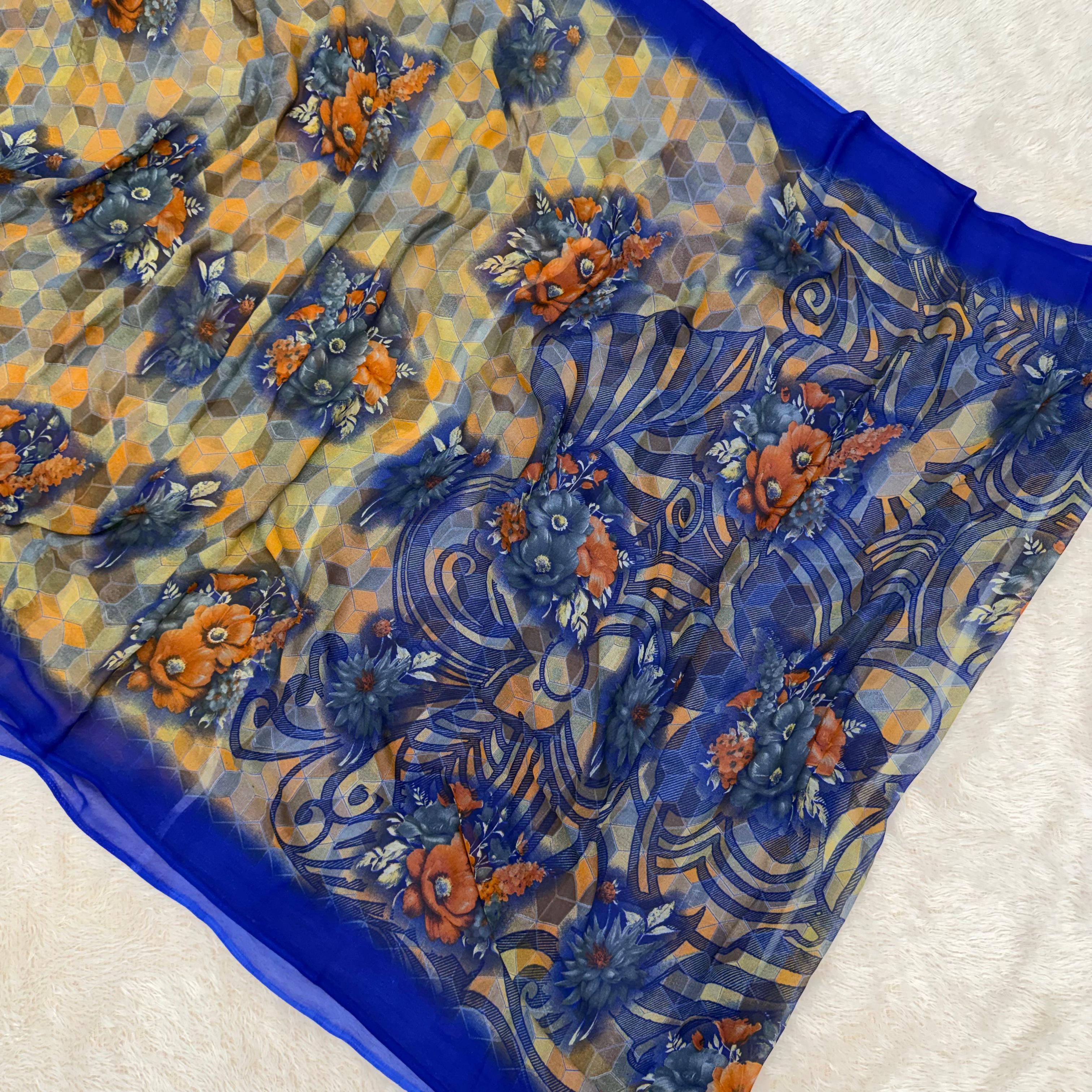 Tropical Garden Flow Chiffon Saree - Navy Blue