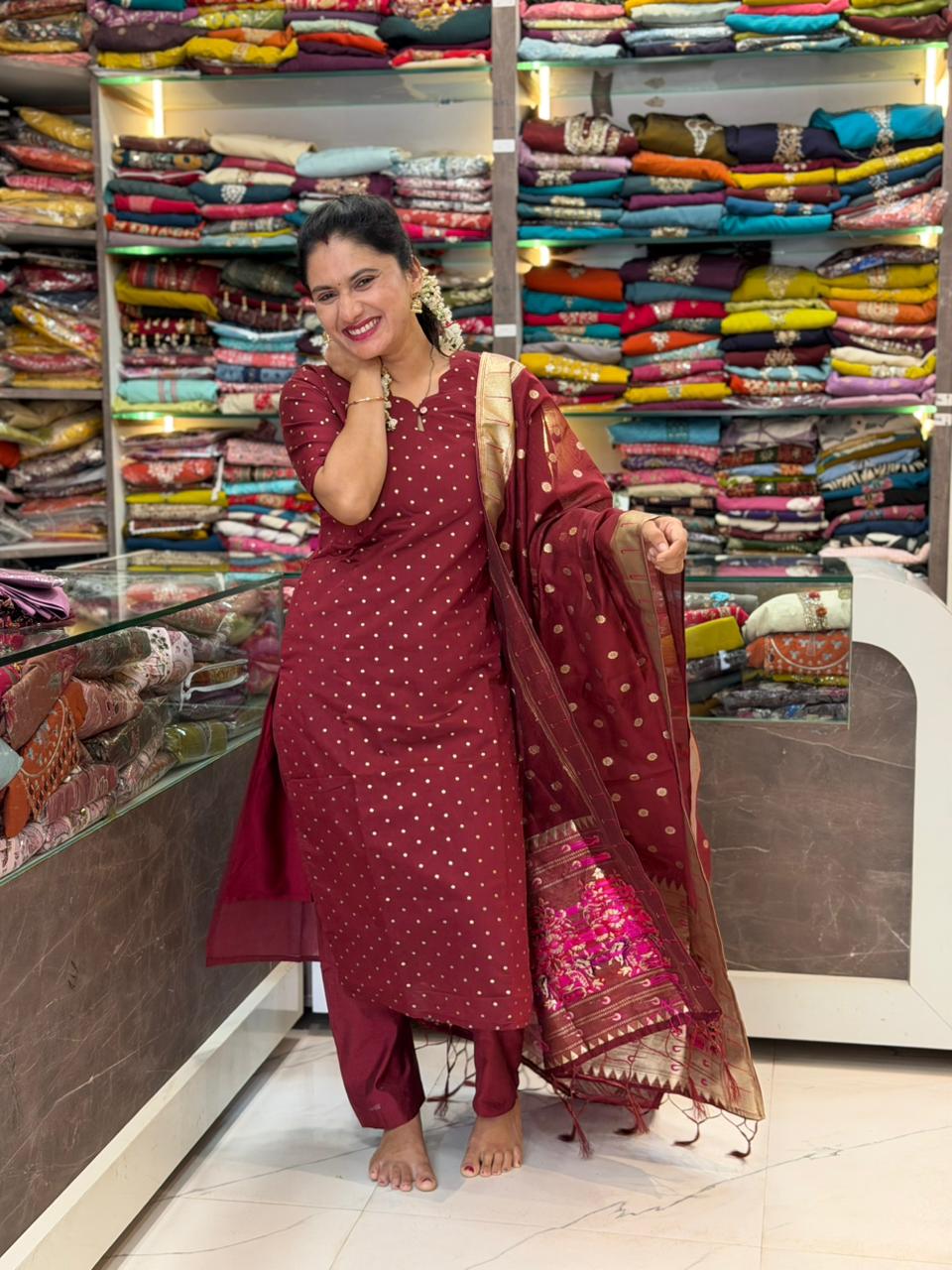 Chanderi cotton Paithani 3 Piece Dress Set - Maroon