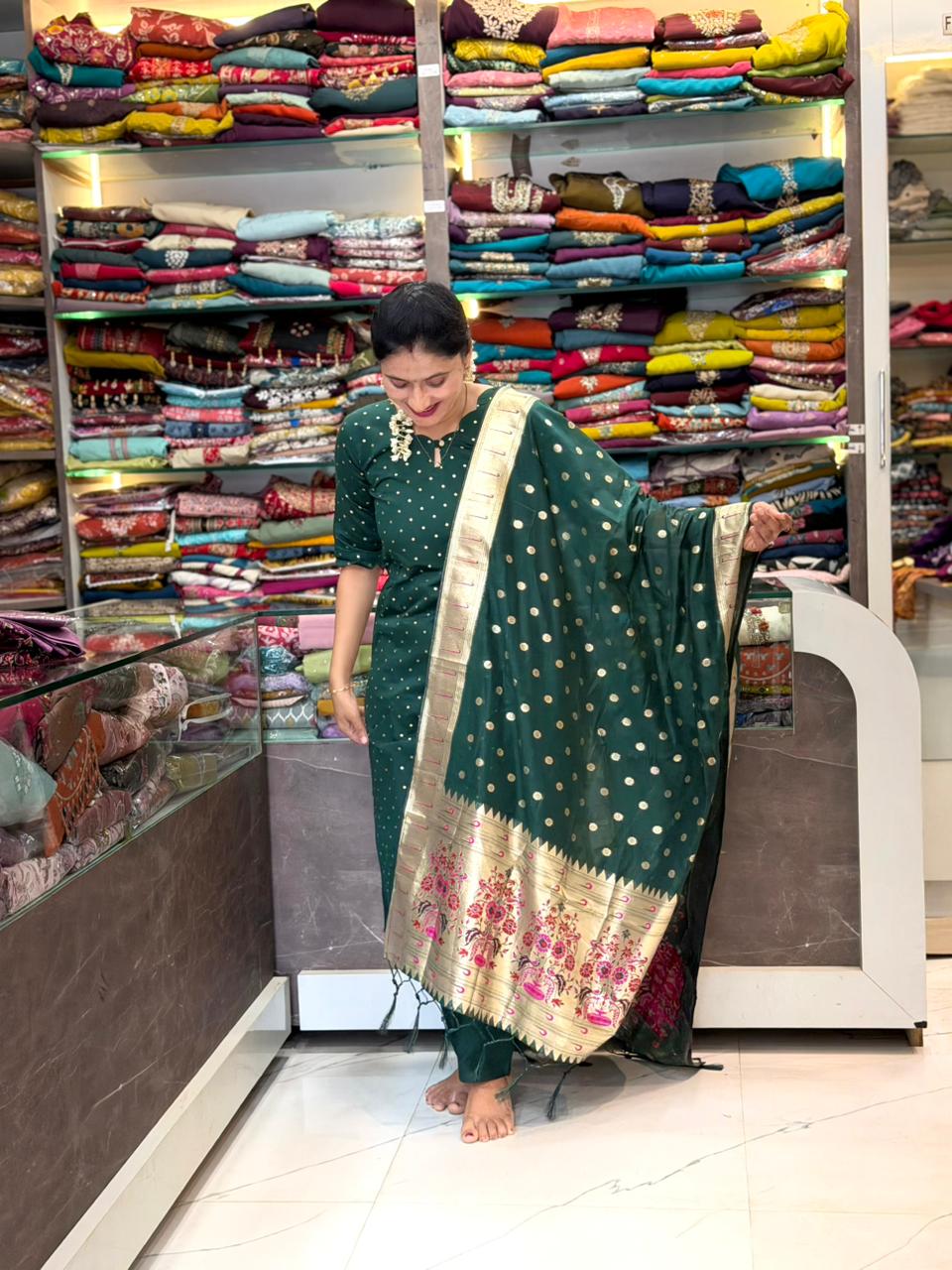 Chanderi cotton Paithani 3 Piece Dress Set - Green