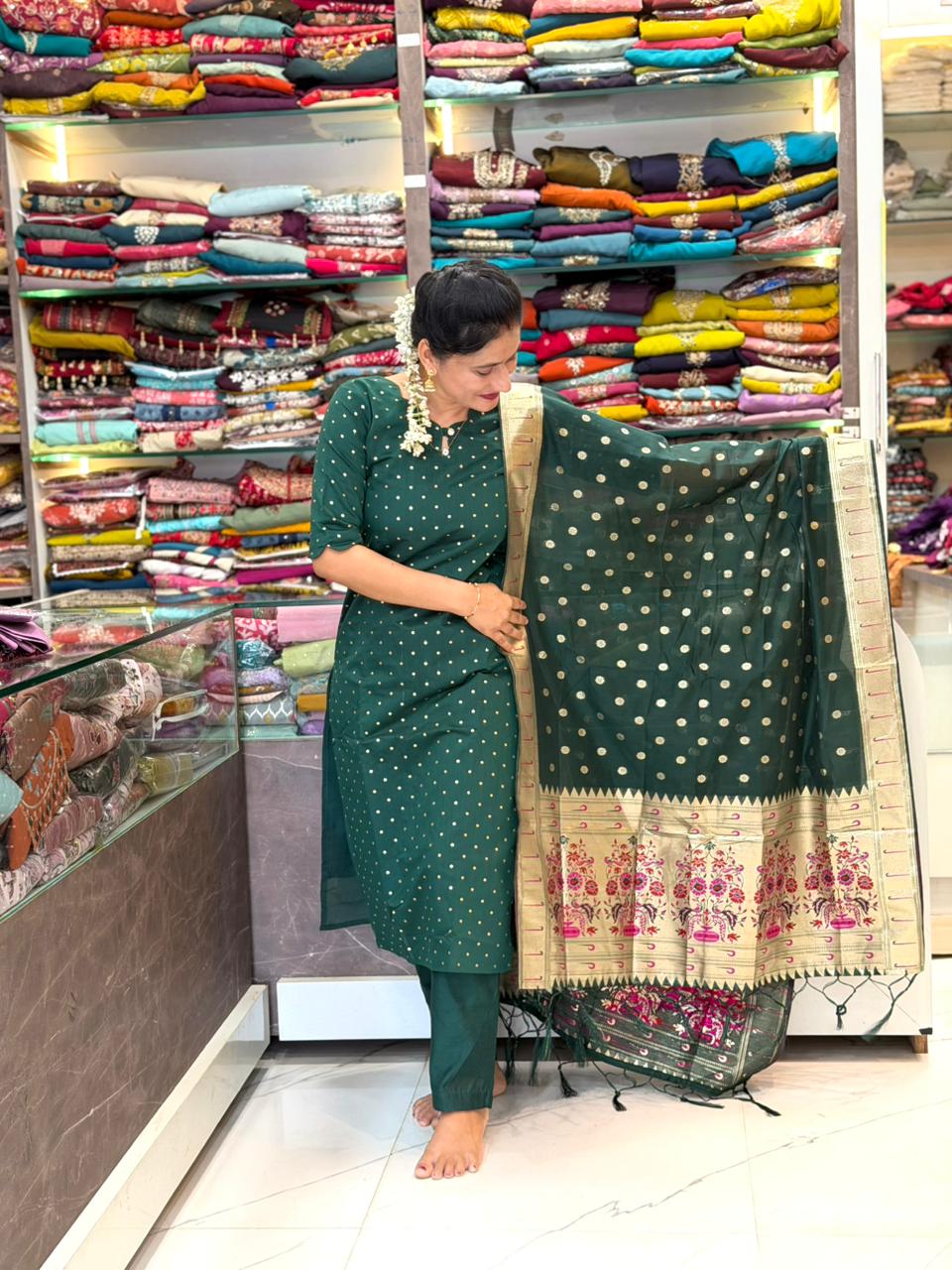 Chanderi cotton Paithani 3 Piece Dress Set - Green