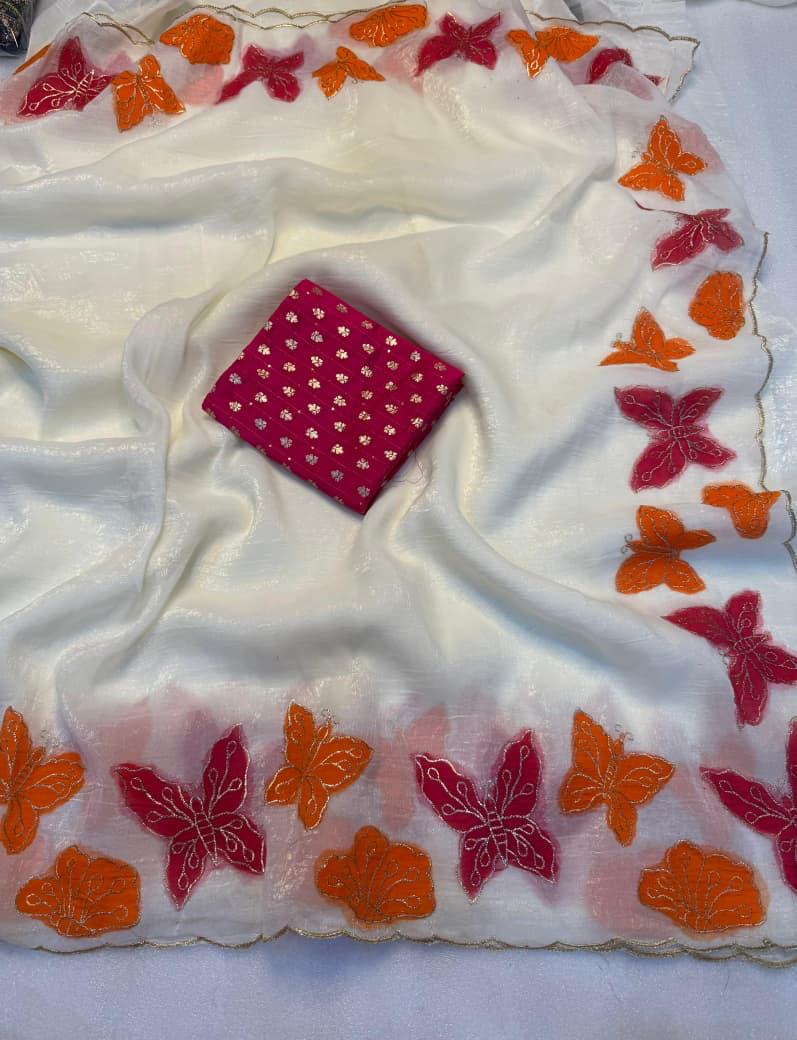 Butterfly Wings Soft Chiffon Designer Saree - Off White