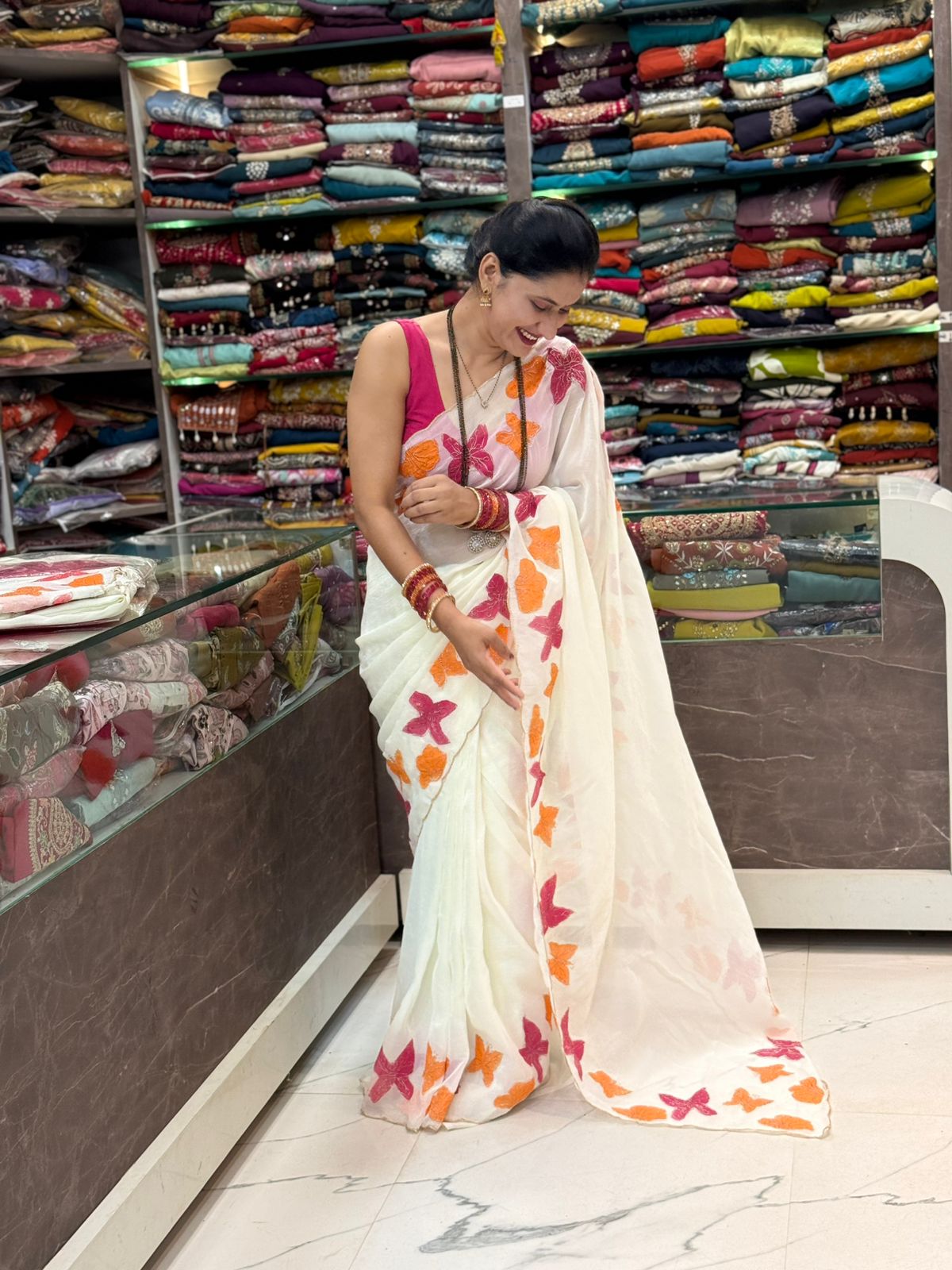 Butterfly Wings Soft Chiffon Designer Saree - Off White