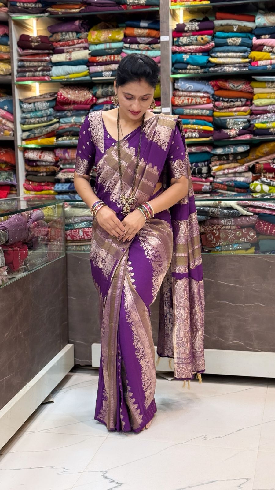 Crepe Georgette Jangal Design Saree - Purple