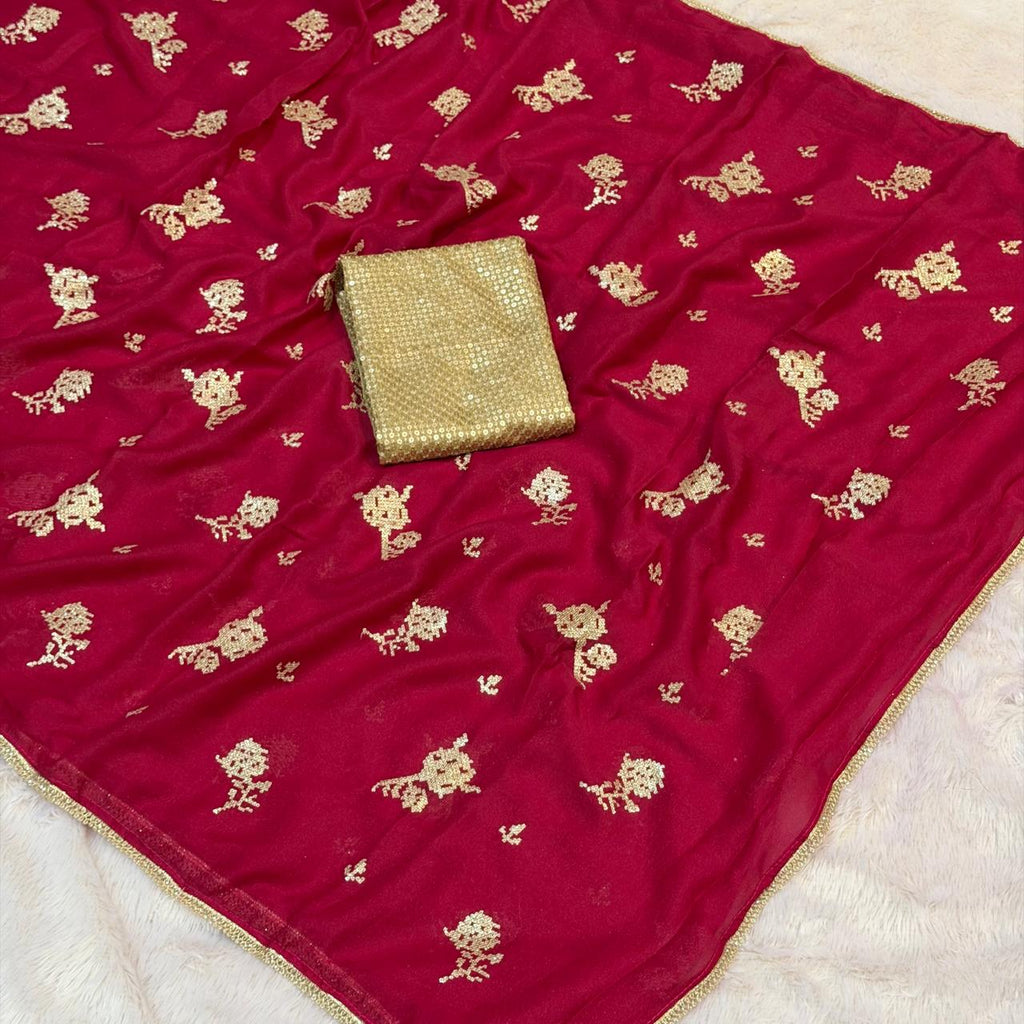 Glimmering Gold Georgette - Rani Pink