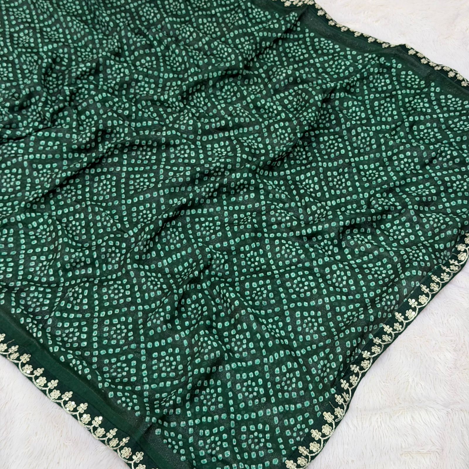 Simer shiffone bandhani saree  - Bottle Green