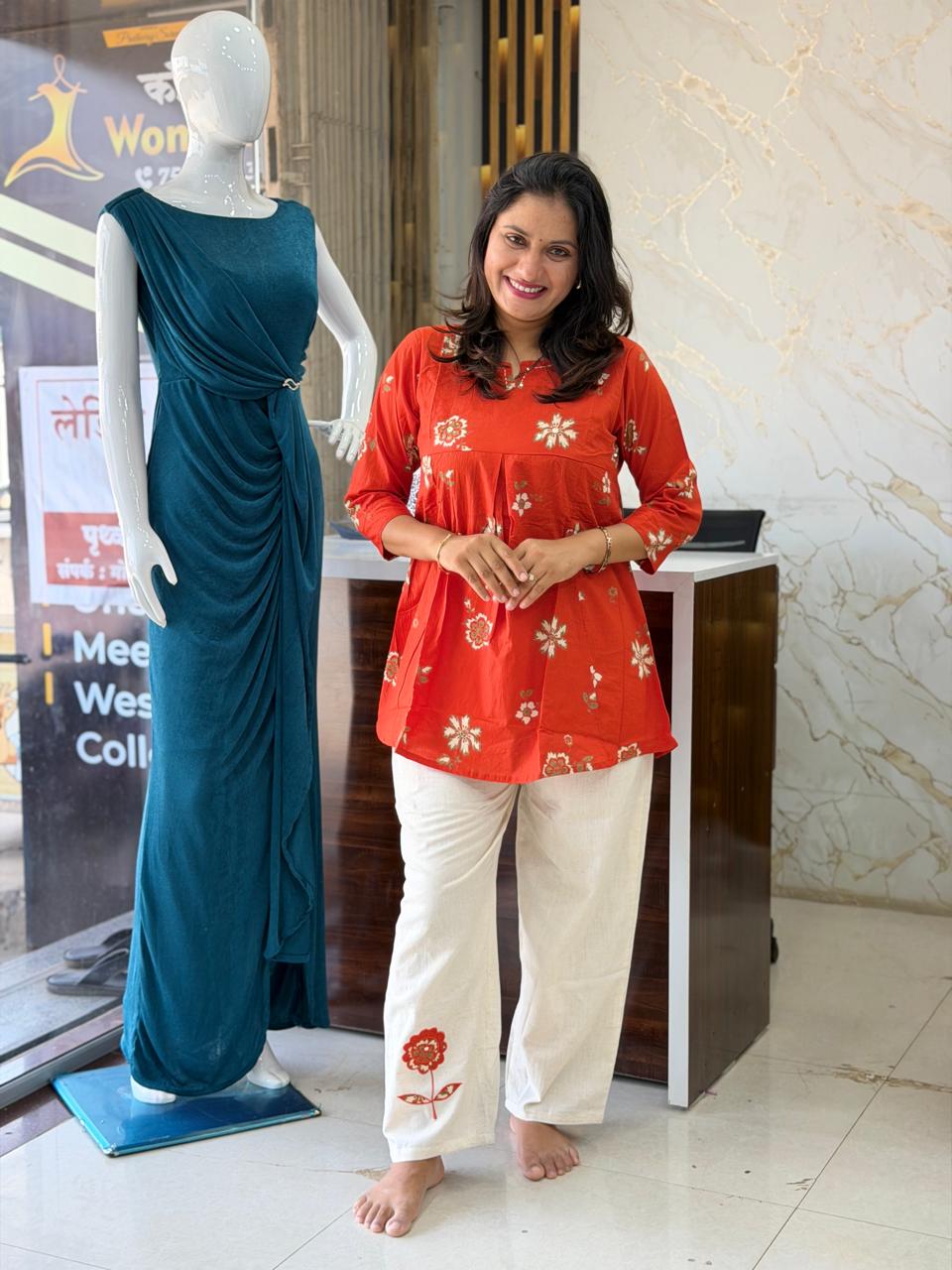 Jaipuri Cotton Kurti with Premium Khadi Pant Set - Orange