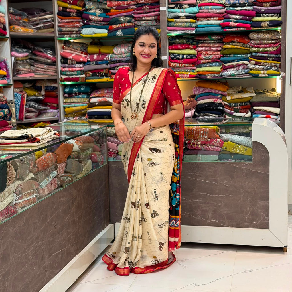 Gull Printed Pattern  Saree - Red Boarder