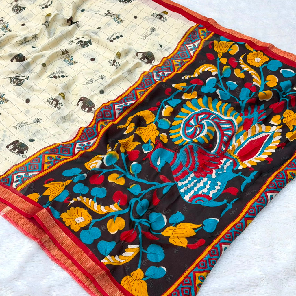 Gull Printed Pattern  Saree - Red Boarder