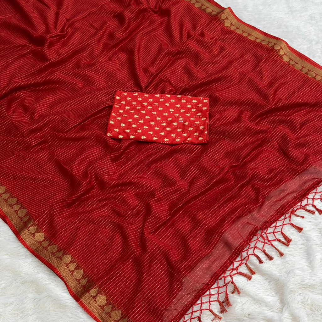 Zari Lining Maheshwari Border Saree - Red