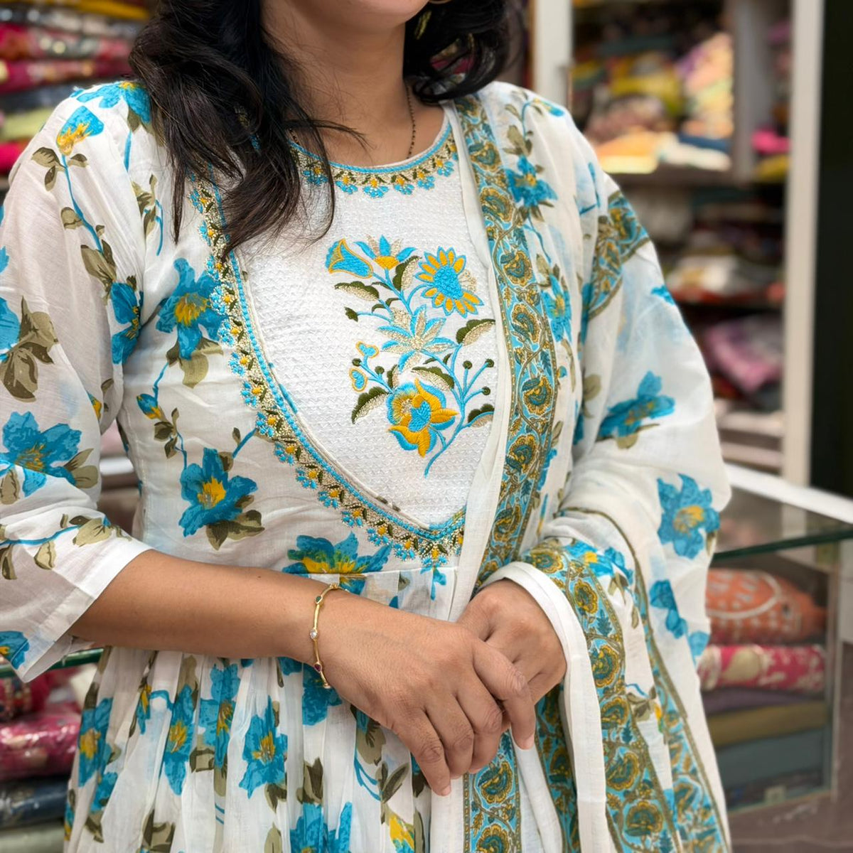 Mixed-Fabric Lining Dress Set - Sky Blue