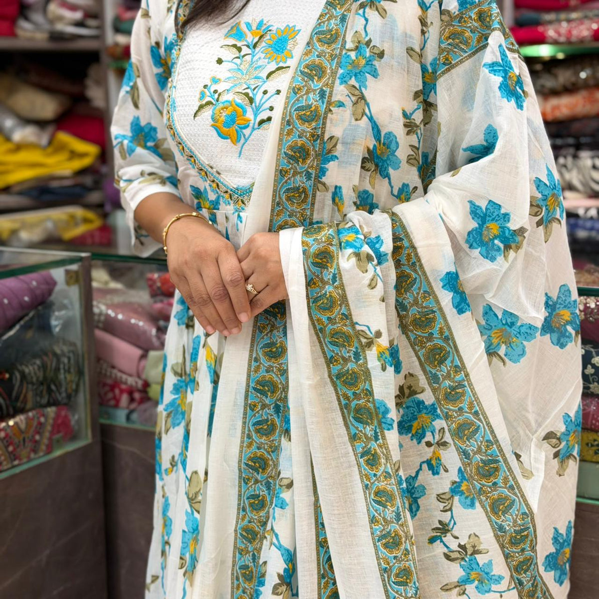 Mixed-Fabric Lining Dress Set - Sky Blue
