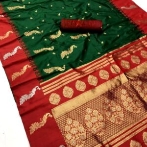 Mor paithani - DarkGreen (Red border)