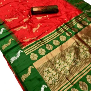 Mor paithani - Red (DarkGreen border)